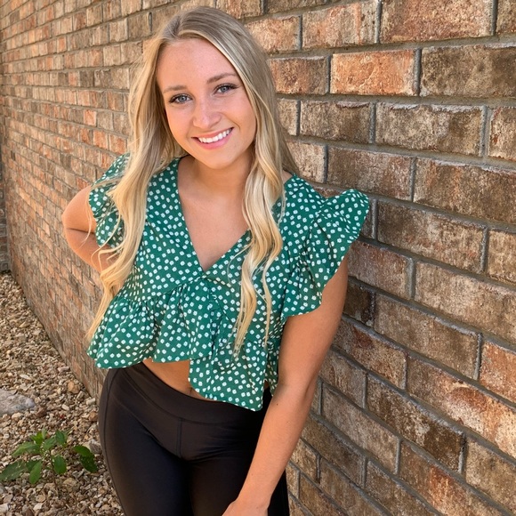 Floral V Neck Peplum Crop Top Green Size Small - Picture 11 of 11